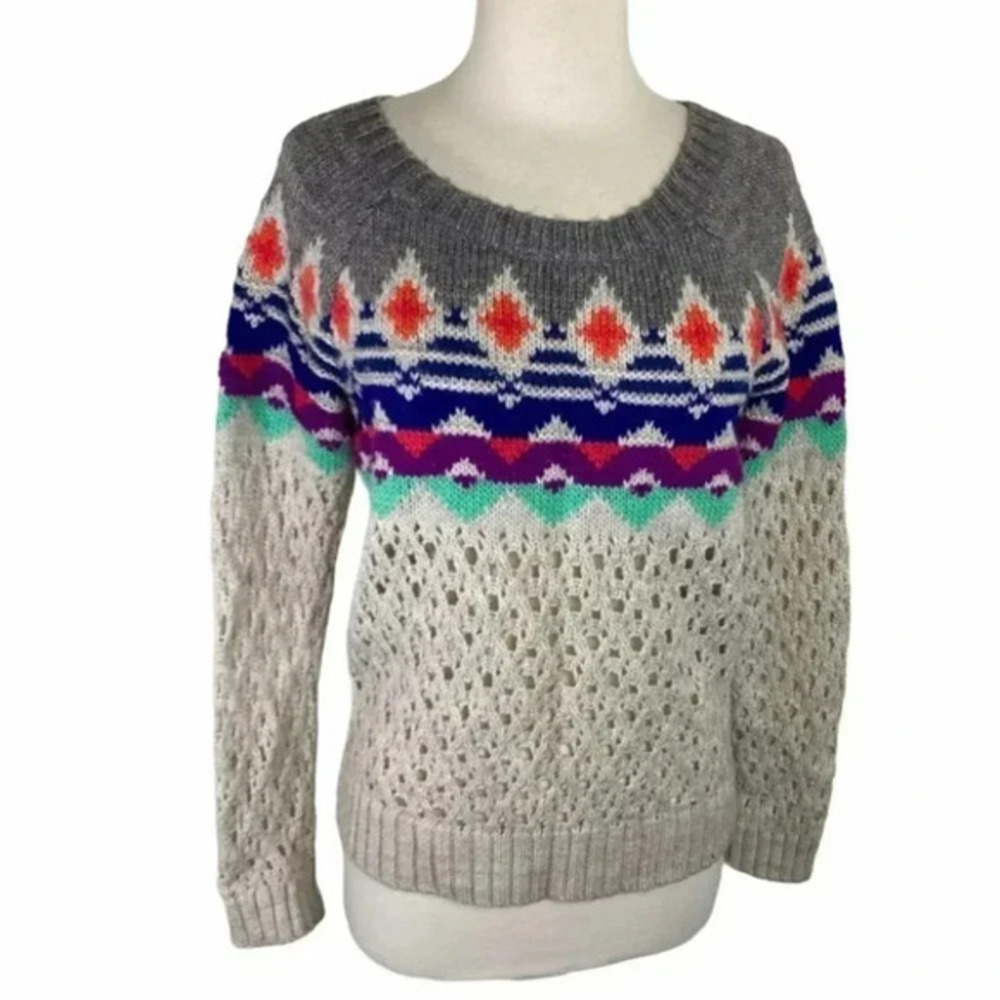 American Eagle Fair Isle Sweater Small Gray Multicolor Pointelle Knit Scoop Neck